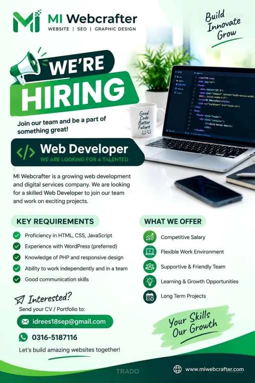 We Are Hiring, Web Developer in Islamabad